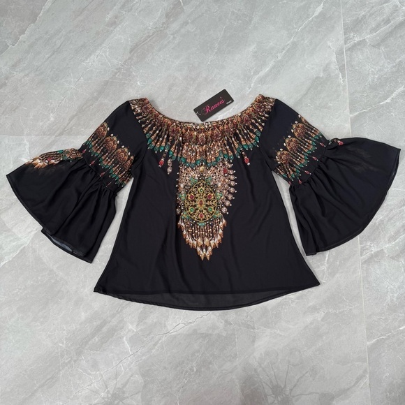 Ranee’s Tops - Women’s Ranee’s Miami Beaded Flare Sleeve Sheer Off The Shoulder Top Medium